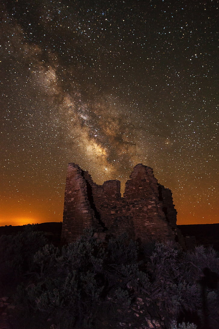 Via Lattea, stelle, rocce, notte, paesaggio, torre quadrata, Utah