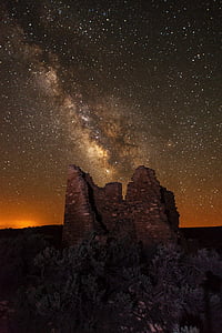 Vía Láctea, estrellas, rocas, noche, paisaje, torre cuadrada, Utah