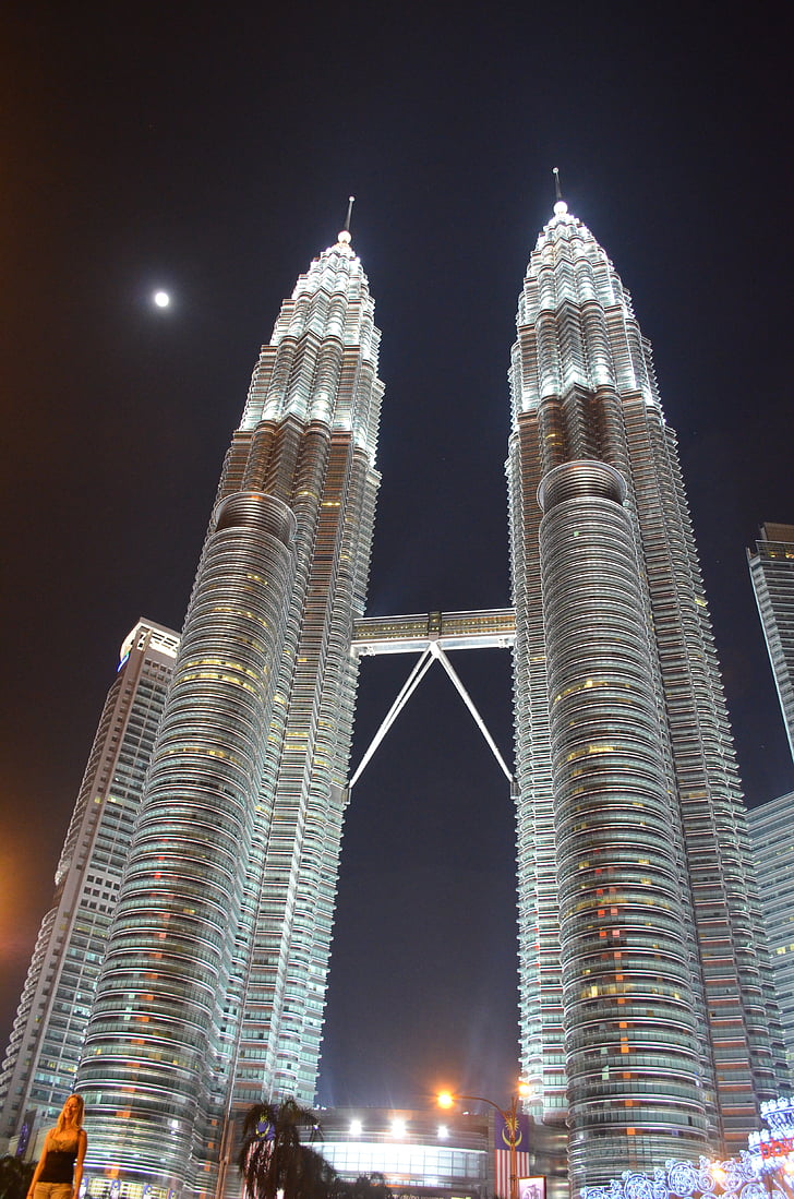 světlo, měsíc, Kuala lumpur, KLCC věž, KLCC, Architektura, Panorama