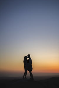 man, woman, kissing, sunset, couple, love, romance
