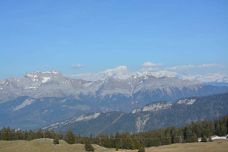 Mont blanc, masiv, Krajina na jaře, řetěz z Alp, jehly, Kouzelná krajina, Francie