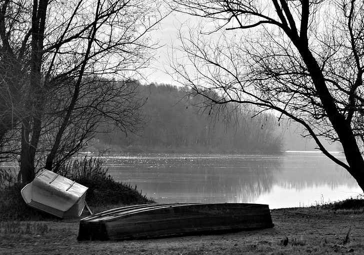 boats, water, black and white, landscape, backwater, nature, lake
