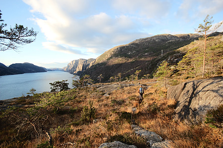 Fjord, Gunung, sifat, musim gugur, Hiking, pemandangan, Norwegia