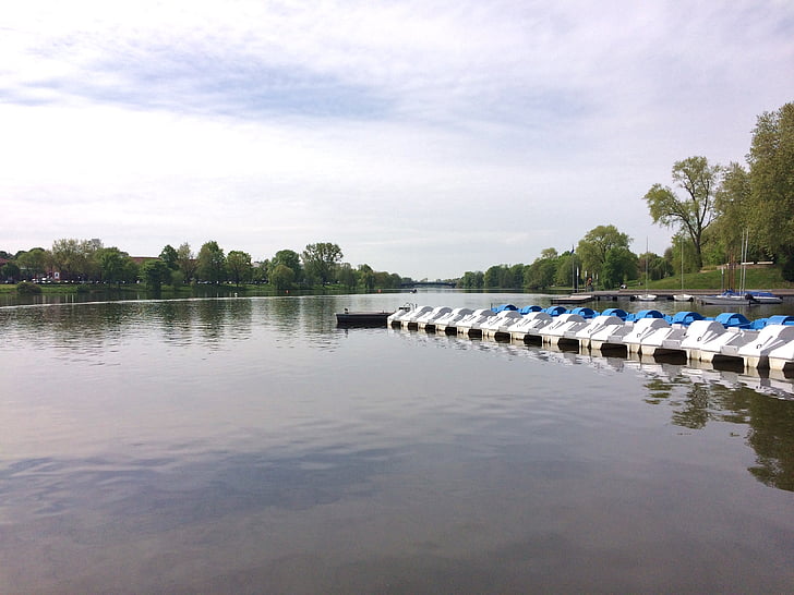 Jezioro, Aasee, rowery wodne, wiosna, Münster, Westfalen, przyjemność