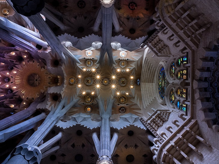plafond, Kathedraal, Sagrada familia, Barcelona, Catalonië, binnenkant, kerk