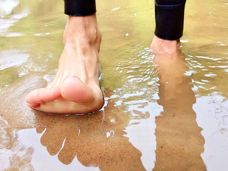 wandeling, rivier, blote voeten, stap, menselijke voet, menselijk been, water