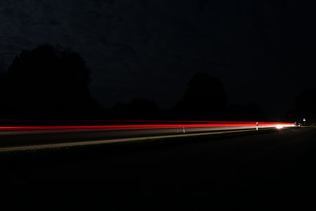 road, long exposure, lights, red, traffic, night, spotlight