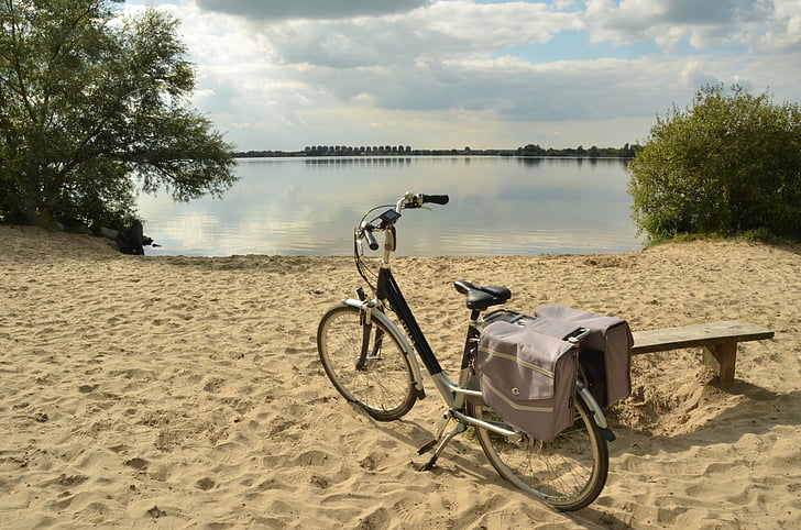 dviratis, dviračių turas, banko, kūno rinkiniai, smėlio, paplūdimys, vandens