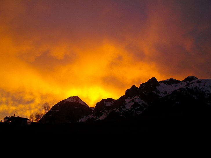 Afterglow, montagna, tramonto, neve, autunno, sole, rosso