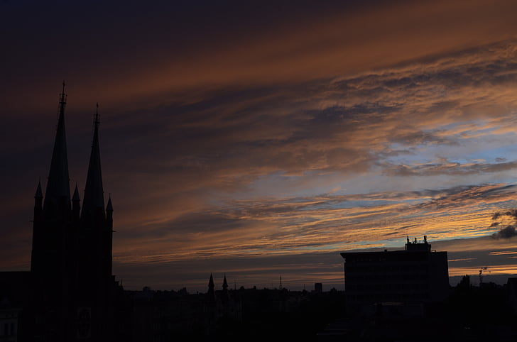 sunset, clouds, cityscape, evening, church, tower, dusk