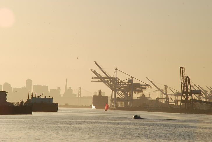 Port, Oakland, Califòrnia, d'enviament, oest, posta de sol, Francisco