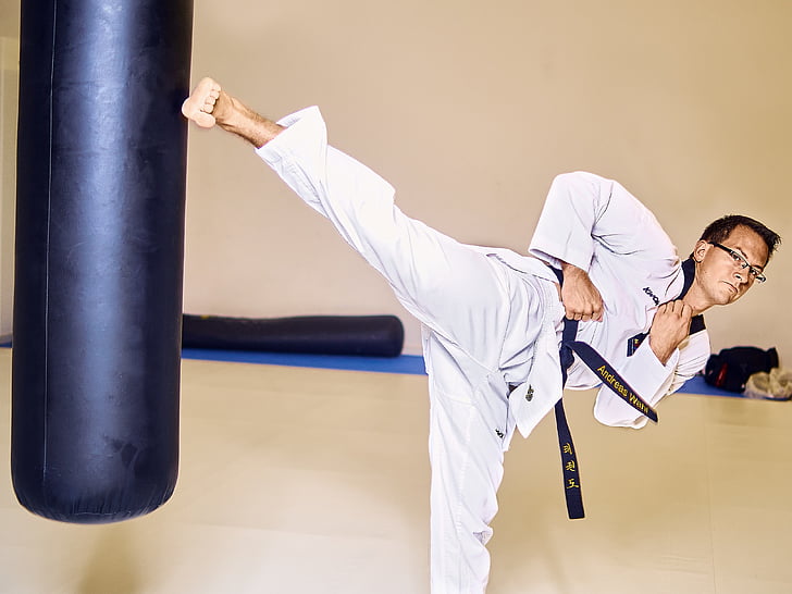 Taekwondo, küzdelem, doboz, kick, láb, sport, gyakorlása