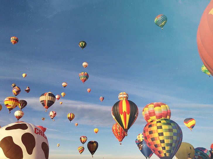 karstā, gaisa, gaisa balons, karstā gaisa baloni, zila, debesis, saules