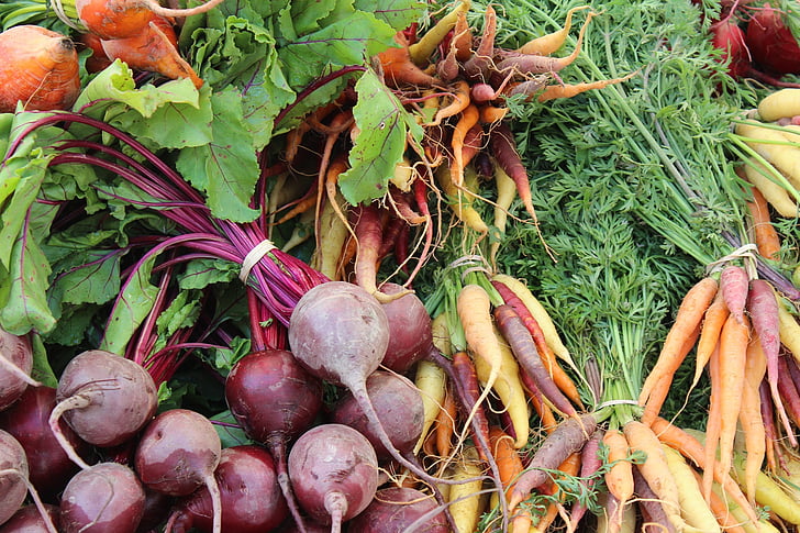 remolachas, zanahorias, mercado de agricultores, saludable, rojo, alimentos, jardín