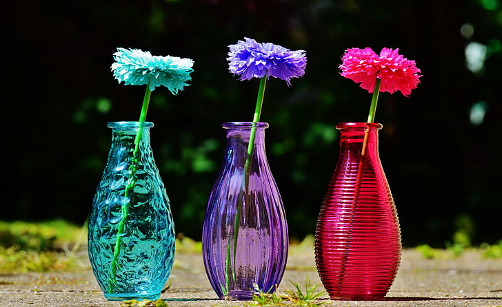 Vasen, Glas, bunte, Blumen, Dekoration, dekoratives Glas, Deko
