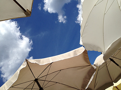 parasoll, blå himmel, sommar, floden, molnet, glitter, grillplats