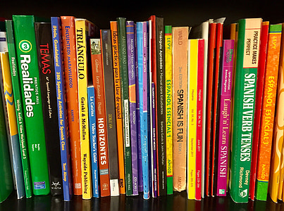 bøger, bogreol, lærebøger, spansk, sprog, skole, hylde