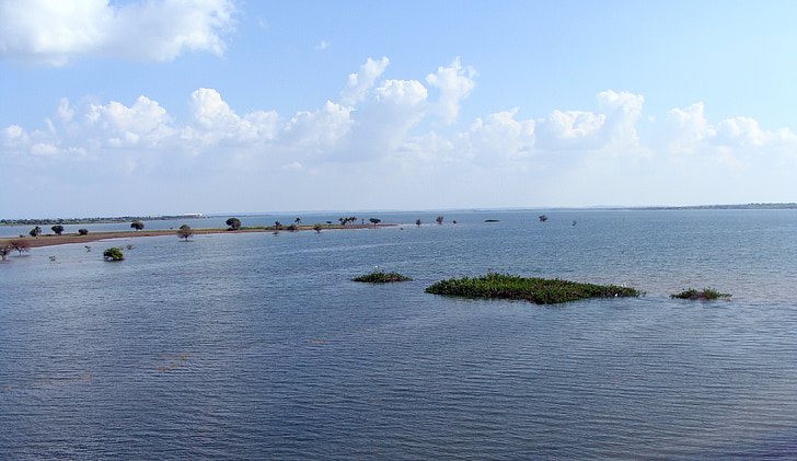 sjön, reservoar, floden, Krishna, sandrev, ön, Backwaters
