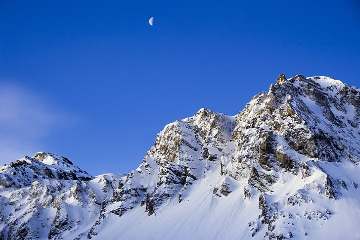 montaña, cubierto, nieve, Luna, cielo, Franco, claro