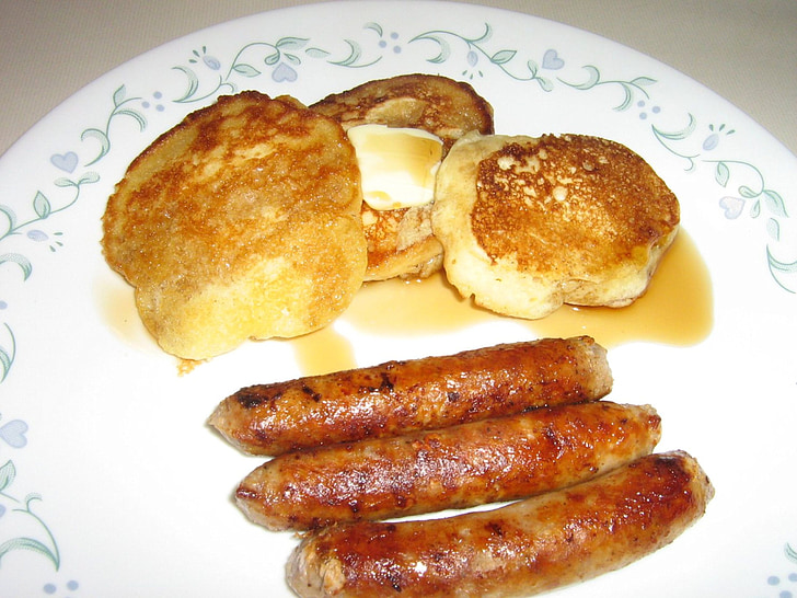 pancakes, pork sausage, maple syrup, butter, canadian breakfast, food, meal