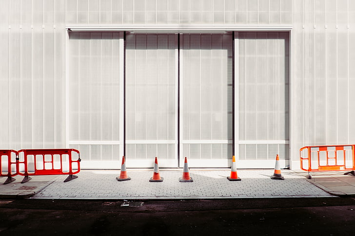 traffic, cone, near, building, wall, window, covering