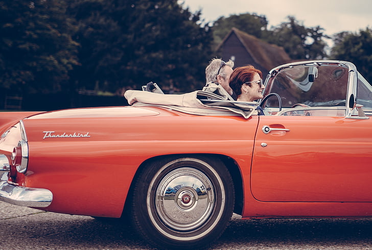 people, riding, ford, thunderbird, convertible, daytime, couple