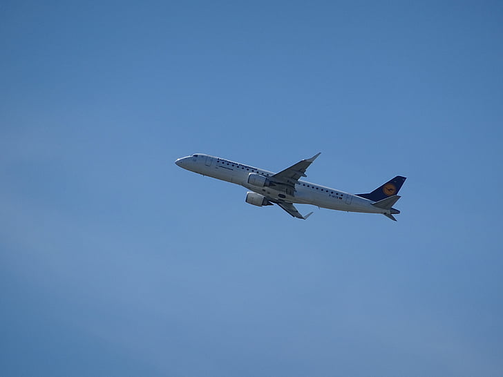 pesawat, Lufthansa, langit, biru, mulai, keberangkatan, sayap