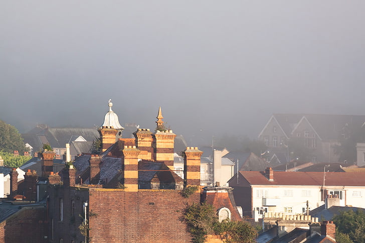 tower, fireplace, architecture, building, city, fog, homes