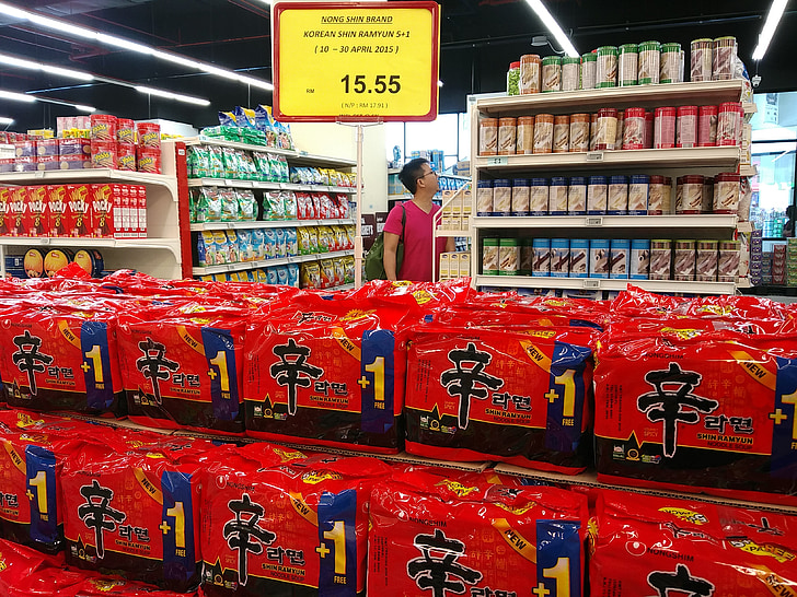 supermercado, Malasia, fideos ramen coreanos, Shin ramyun