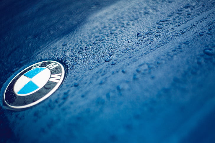 bmw, blue, vehicle, car, droplets, rain, drops