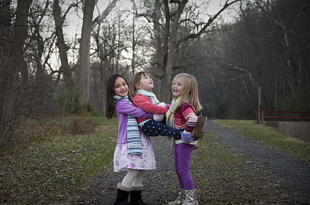 sisters, holding, path, winter, family, children, smiling