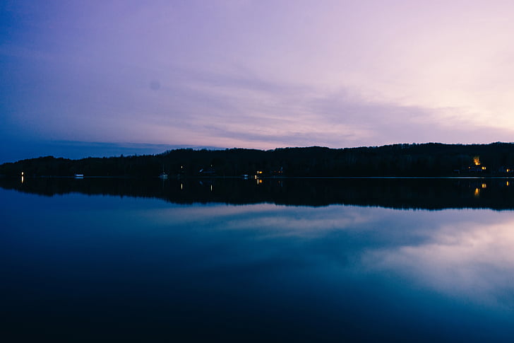 シルエット, 島, 夜間, 湖, 水, 反射, 紫