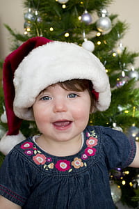 Karácsony, lány, Santa kalap, boldog, gyermek, fiatal, szezonális