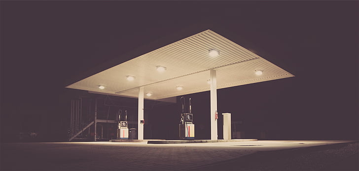 бензин, станция, снимка, нощ, време, бензиностанция, бензиностанция