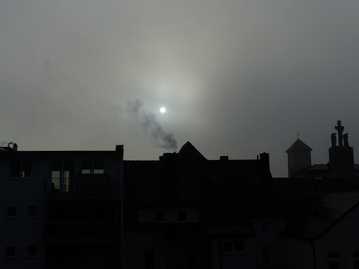 smoke, fog, colourless, slurry, sun, blacked out, homes