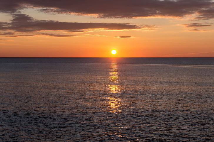 solnedgång, Ocean, Horisont, Shore, moln, Sky, färgglada