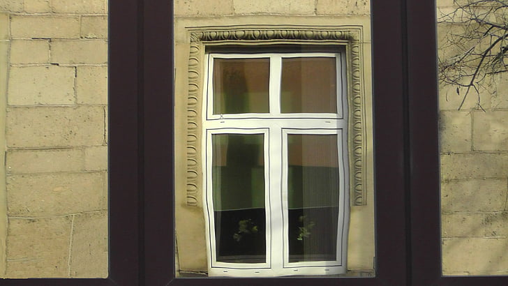 vindue, væg, bygning, facade, spejling, refleksion, glas