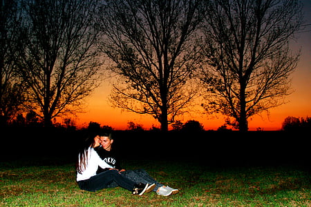 couple, love, sunset, red, romance, in the evening, hug