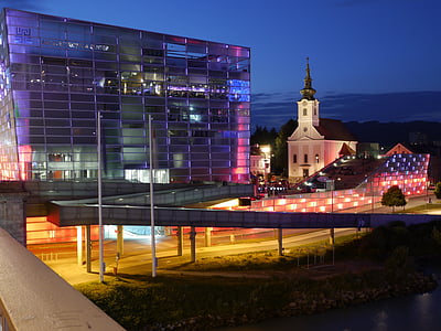 Linz, épület, éjszaka, építészet, világítás, város, világító
