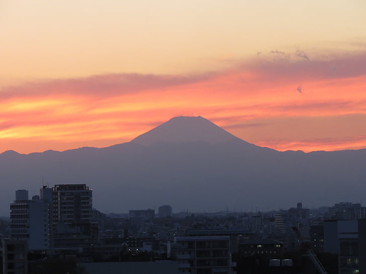 Mont fuji, Fuji, volcan, montagne, coucher de soleil, tombée de la nuit, architecture