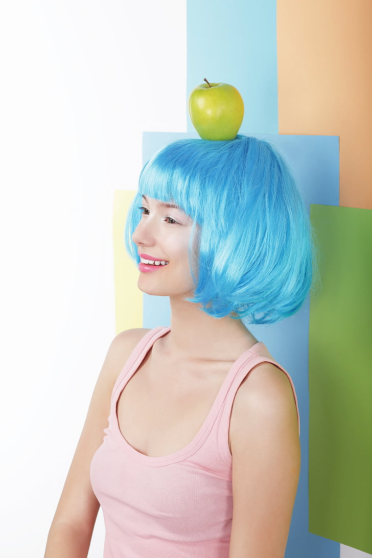 wig, blue, modern, apple, fresh, happy, cheer