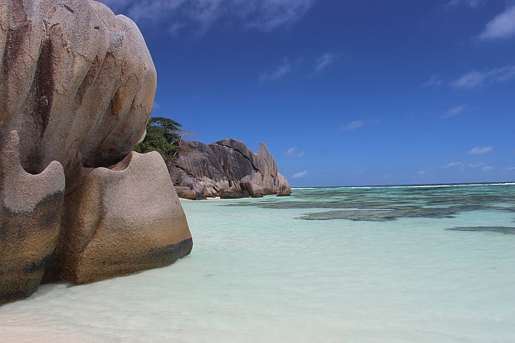 Seychellen, Strand, tropische Insel, Paradies, Verlassener Strand, Urlaub, Blau