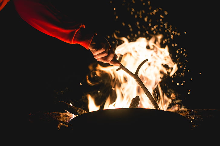 campfire, stick, fire, flame, camping, wood, adventure