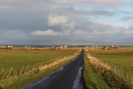 scotland, pasture, road, landscape, meadow, idyll, field