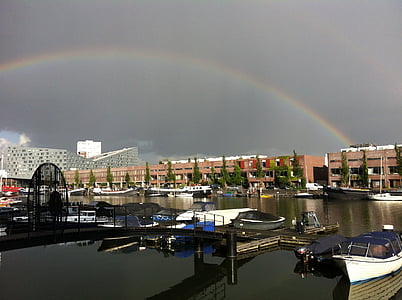 amsterdam, traces burg, rainbow, bay, boats, urban, channel