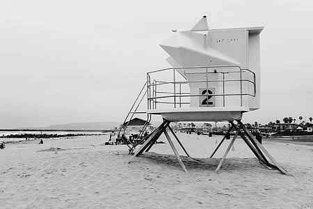 grayscale, photo, lifeguard, station, beach, sand, black and white