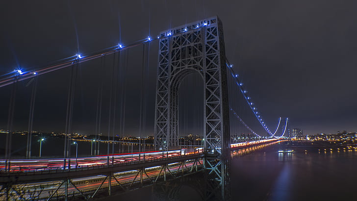 grå, metall, suspension, Bridge, natten lång, lång exponering, kabel