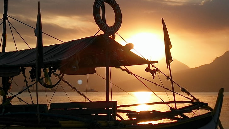 solnedgang, båt, kunstnerisk, refleksjon, Filippinene