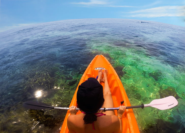 plage, kayak, récif, Honduras, mer