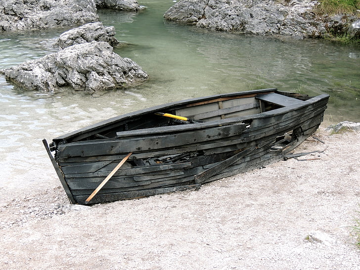 arranque, barco de madera, bote de remos, Playa, agua, quemado, Lago